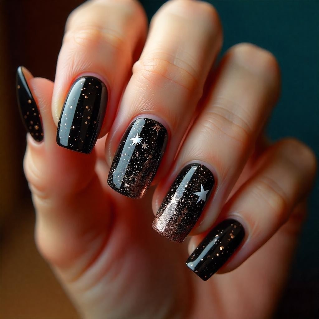 Black Nails with Glitter and Glam