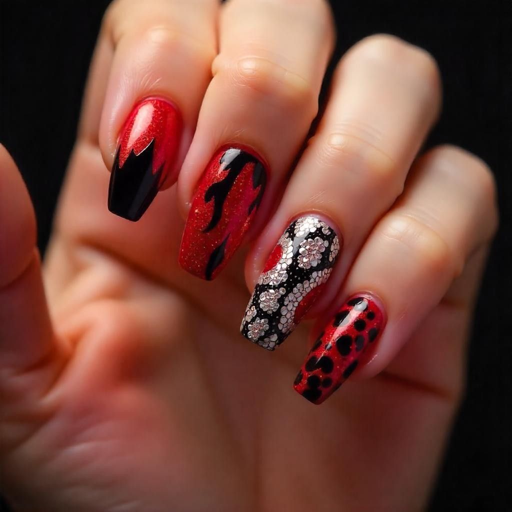 Red Nails with Glitter